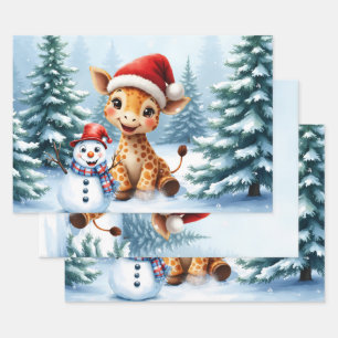 Cute Cartoon Giraffe with Santa Hat & Snowman Wrapping Paper Sheets