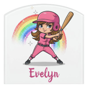Cute Cartoon Girl Baseball Player in Pink Door Sign