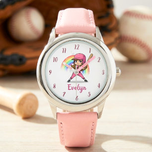 Cute Cartoon Girl Baseball Player in Pink Watch