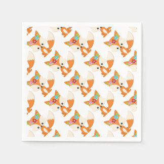 Cute Cartoon Girl Fox Pup With Flowers Paper Napkins