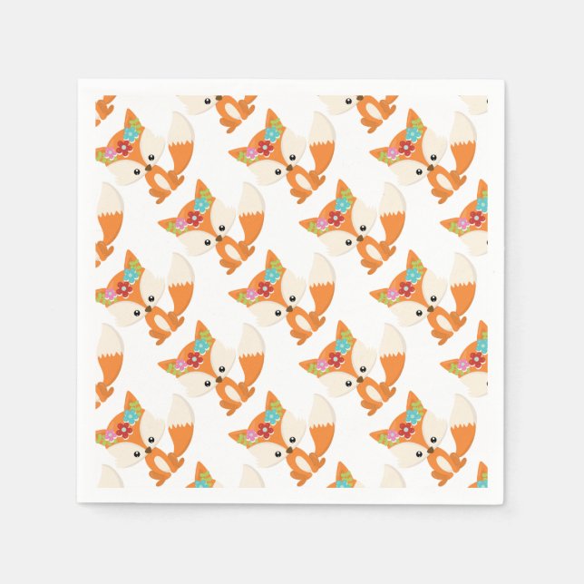 Cute Cartoon Girl Fox Pup With Flowers Paper Napkins (Front)