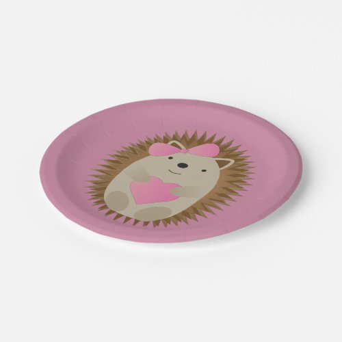 Cute Cartoon Girl Hedgehog Hugging a Pink Heart Paper Plates