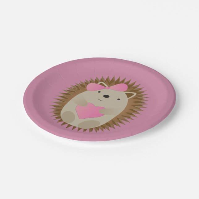 Cute Cartoon Girl Hedgehog Hugging a Pink Heart Paper Plates (Angled)