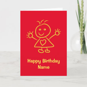 Cute Cartoon Girl Red Yellow Birthday Card