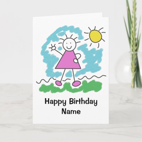 Cute Cartoon Girl Sunny Day Happy Birthday Card
