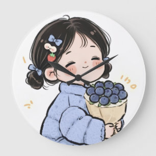 Cute Cartoon Girl with Blueberries Wall Clock