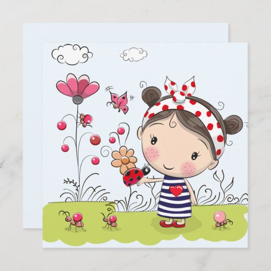 Cute Cartoon Girl with Ladybug in Garden Scene (Front/Back)