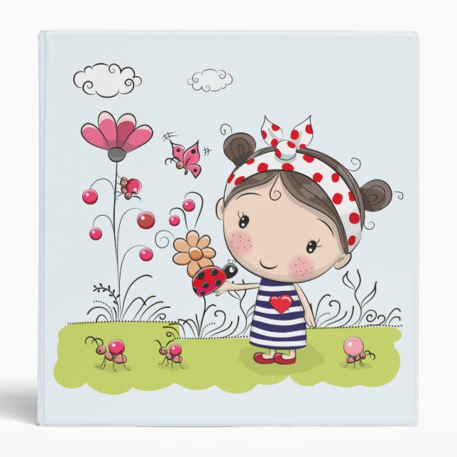 Cute Cartoon Girl with Ladybug in Garden Scene 3 Ring Binder (Front)
