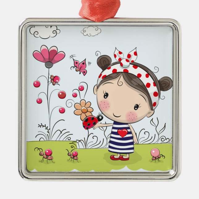 Cute Cartoon Girl with Ladybug in Garden Scene Metal Ornament (Front)