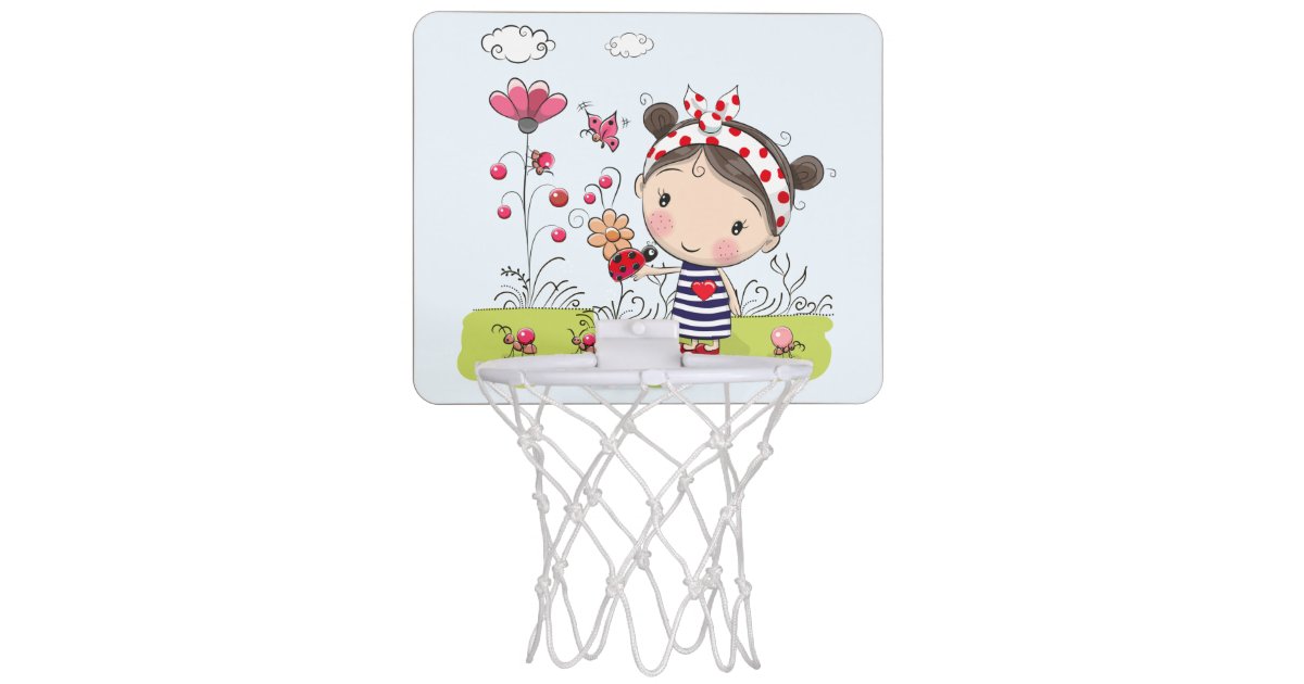 Cute Cartoon Girl With Ladybug In Garden Scene Mini Basketball