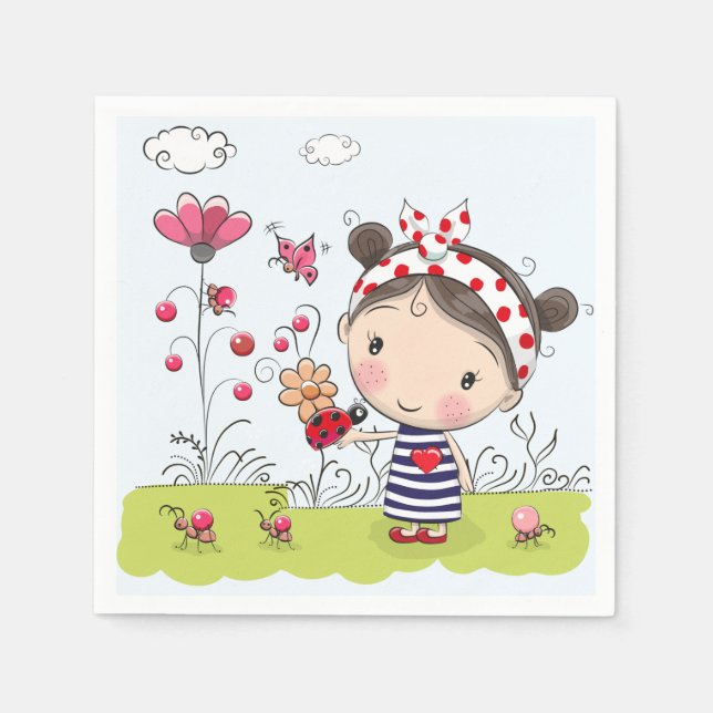 Cute Cartoon Girl with Ladybug in Garden Scene Napkins (Front)
