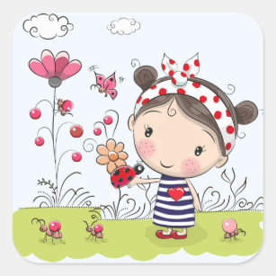 Cute Cartoon Girl with Ladybug in Garden Scene Square Sticker