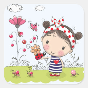 Cute Cartoon Girl with Ladybug in Garden Scene Square Sticker