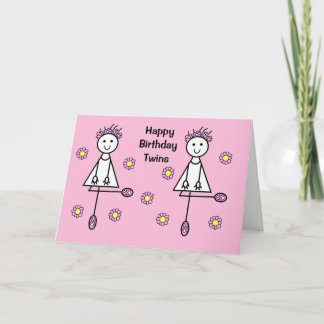 Cute Cartoon Girls Twins Pink Birthday Card