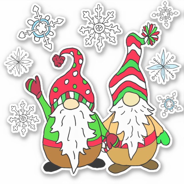 Cute Cartoon Gnomes and Snowflakes Christmas Sticker (Front)