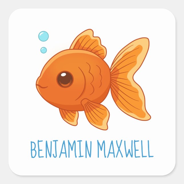 Cute Cartoon Goldfish Custom Name Square Sticker (Front)