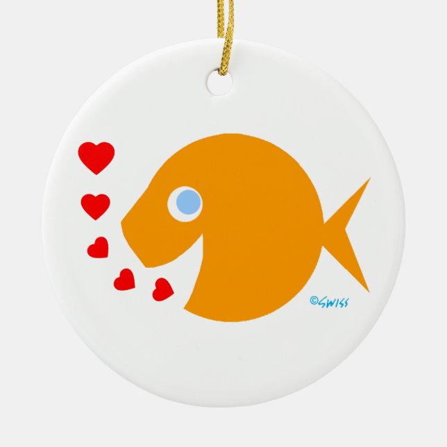 Cute Cartoon Goldfish Kisses and  Love Message Ceramic Ornament (Front)
