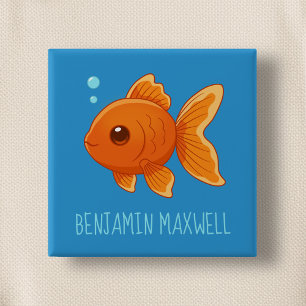 Cute Cartoon Goldfish on Blue Custom Name Button