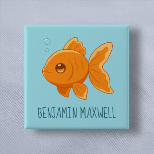 Cute Cartoon Goldfish on Blue Custom Name Button