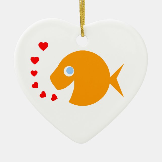 Cute Cartoon Goldfish with Blue Eyes Heart-Shaped Ceramic Ornament (Front)