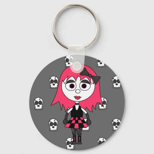 Cute Cartoon Goth Girl And Skulls Keychain