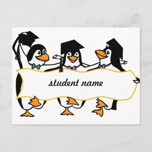 Cute Cartoon Graduating Penguins wBanner Announcement Postcard