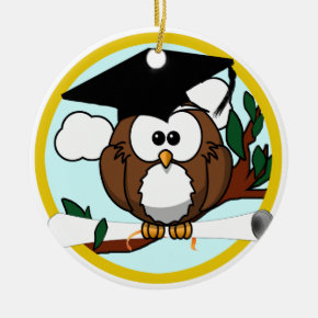 Cute Cartoon Graduation Owl With Cap & Diploma Ceramic Ornament