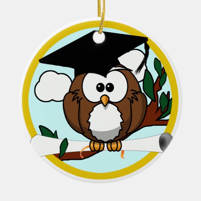 Cute Cartoon Graduation Owl With Cap & Diploma Ceramic Ornament (Front)
