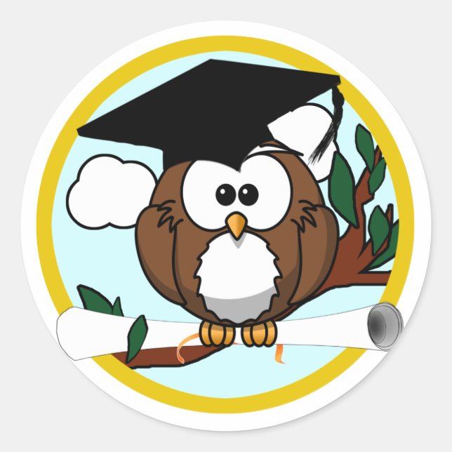 Cute Cartoon Graduation Owl With Cap & Diploma Classic Round Sticker (Front)