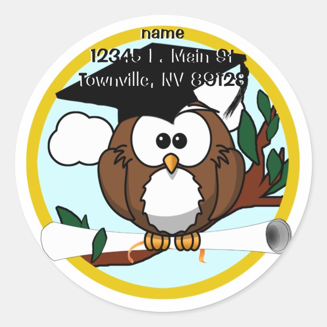Cute Cartoon Graduation Owl With Cap & Diploma Classic Round Sticker (Front)