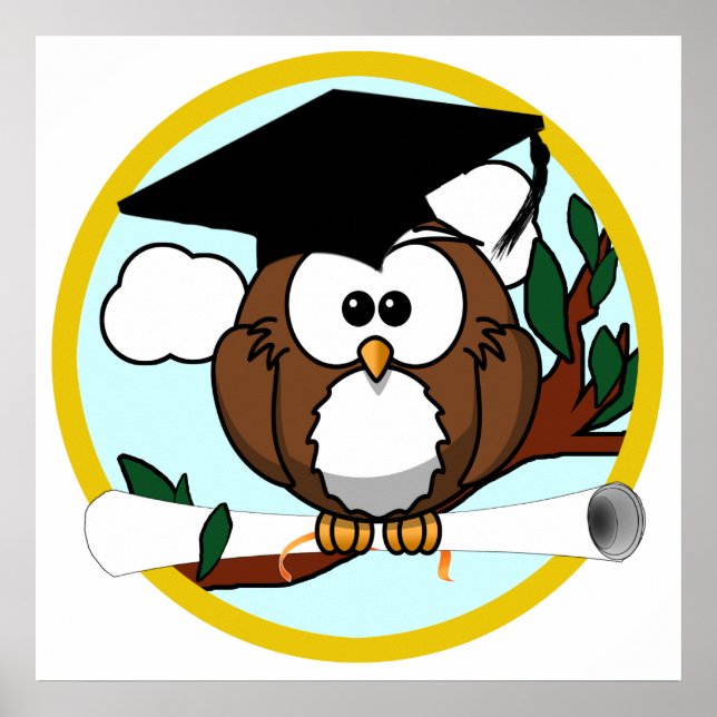 Cute Cartoon Graduation Owl With Cap & Diploma Poster (Front)