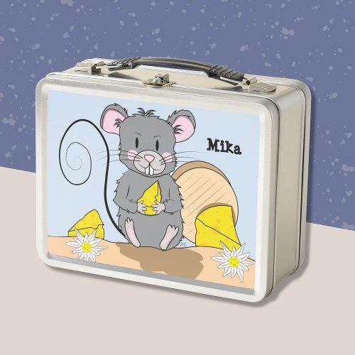Cute Cartoon Gray Mouse Eating Cheese Kid Lunchbox