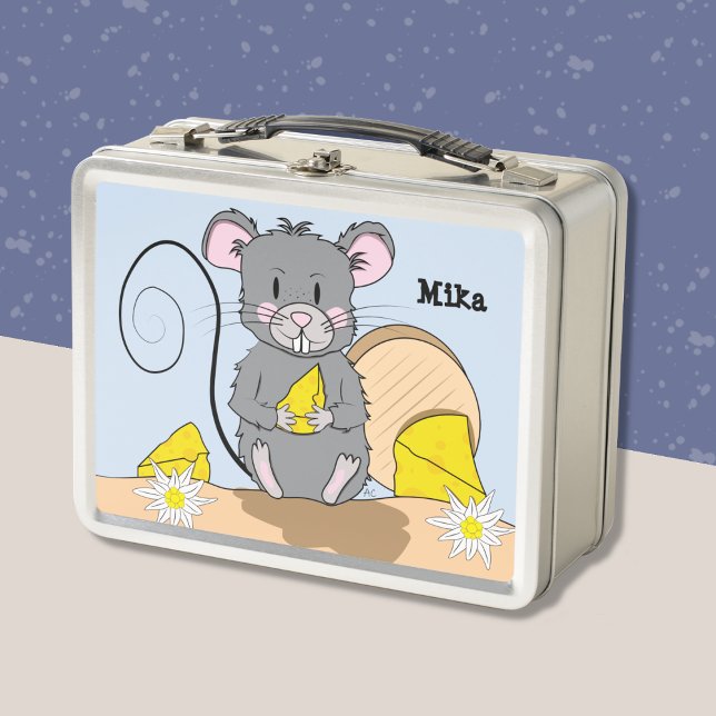 Cute Cartoon Gray Mouse Eating Cheese Kid Lunchbox (Cute cartoon mouse eating cheese kid lunch box .)