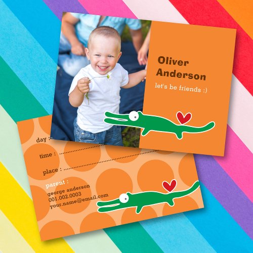 Cute Cartoon Green Alligator Photo Kids Play Date Calling Card