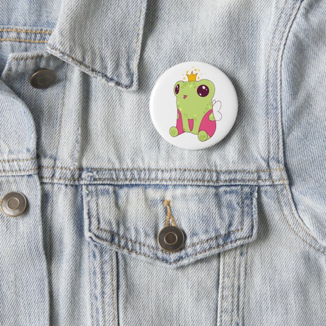 Cute Cartoon Green Frog with a Crown Button (In Situ)
