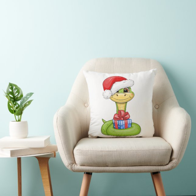 Cute cartoon green snake with gift. throw pillow (Chair)