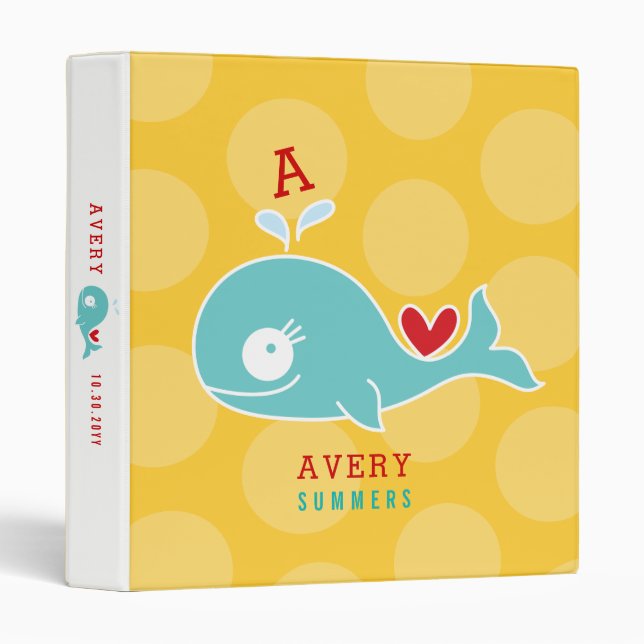 Cute Cartoon Green Whale Monogram Girl Kid Photo 3 Ring Binder (Front/Spine)