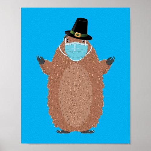 Cute cartoon groundhog in face mask poster