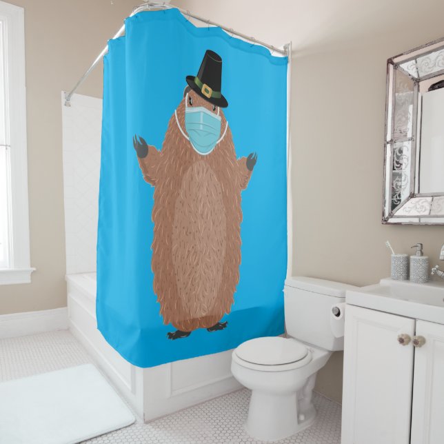 Cute cartoon groundhog in face mask shower curtain (In Situ)