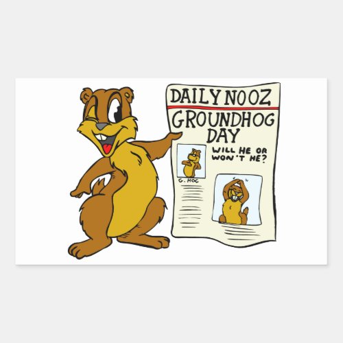 Cute Cartoon Groundhog w Groundhog Day Newpaper Rectangular Sticker