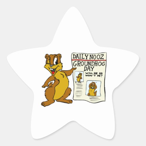 Cute Cartoon Groundhog w Groundhog Day Newpaper Star Sticker