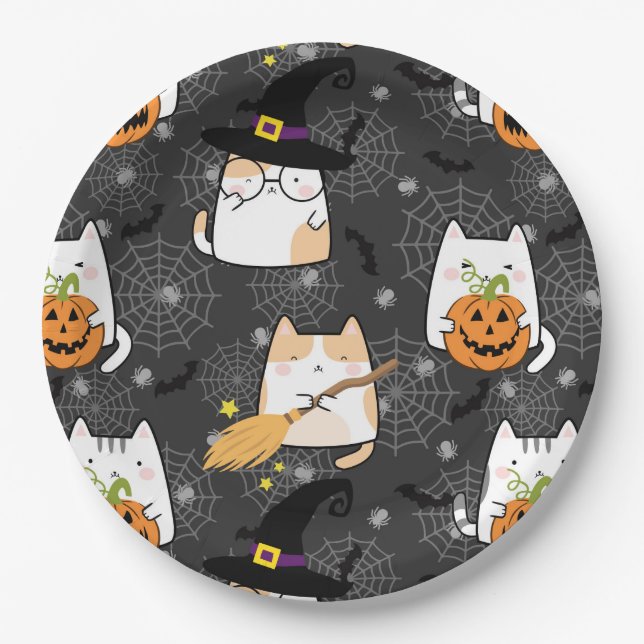 Cute Cartoon Halloween Cat  Paper Plates (Front)