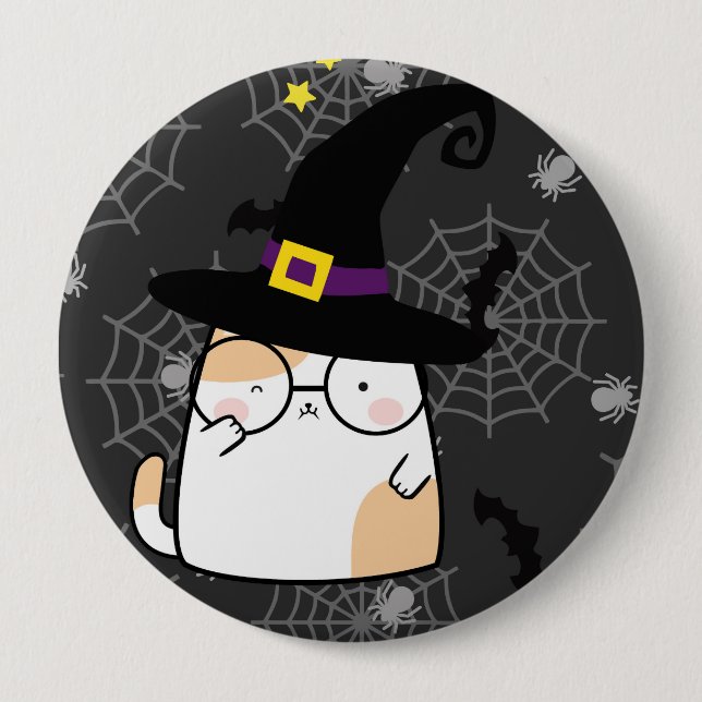 Cute Cartoon Halloween Cat with Glasses Button (Front)