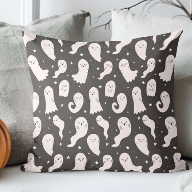Cute Cartoon Halloween Drawing Black White Ghost  Throw Pillow (Creator Uploaded)