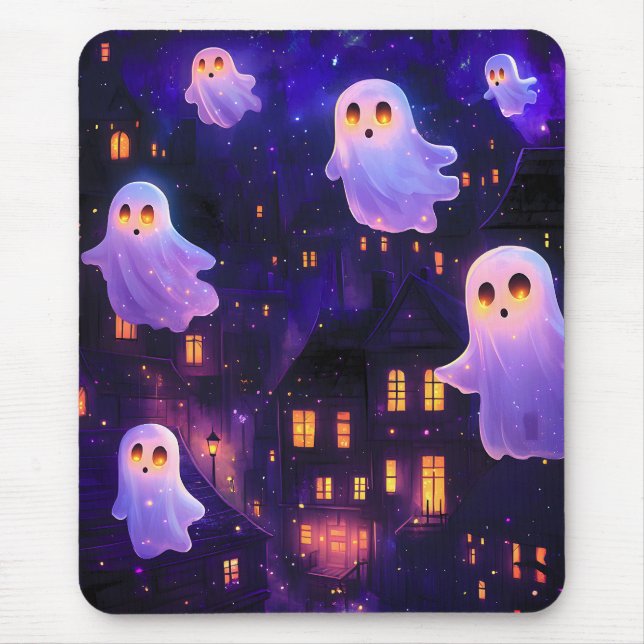 Cute Cartoon Halloween Midnight Flying Ghosts Mouse Pad (Front)