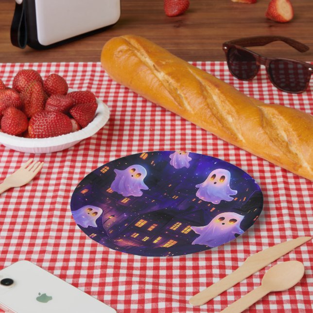 Cute Cartoon Halloween Midnight Flying Ghosts Paper Plates (Picnic)