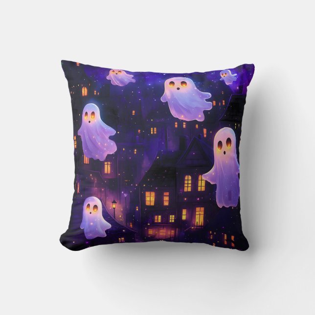 Cute Cartoon Halloween Midnight Flying Ghosts Throw Pillow (Front)