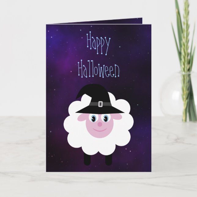 Cute Cartoon Halloween Sheep Blue Starry Night Card (Front)