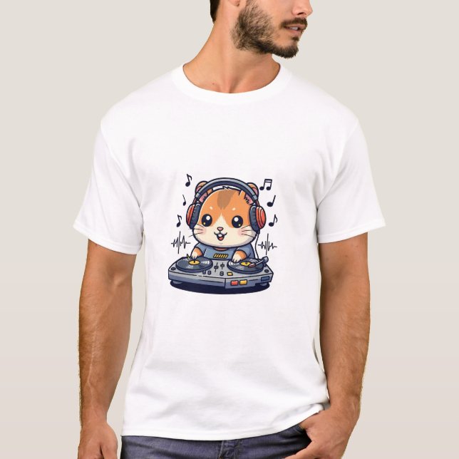 Cute Cartoon Hamster DJ Mixing Music on Turntable T-Shirt (Front)