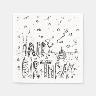 CUTE CARTOON HAPPY BIRTHDAY BLACK INK COLOR LOGO NAPKINS
